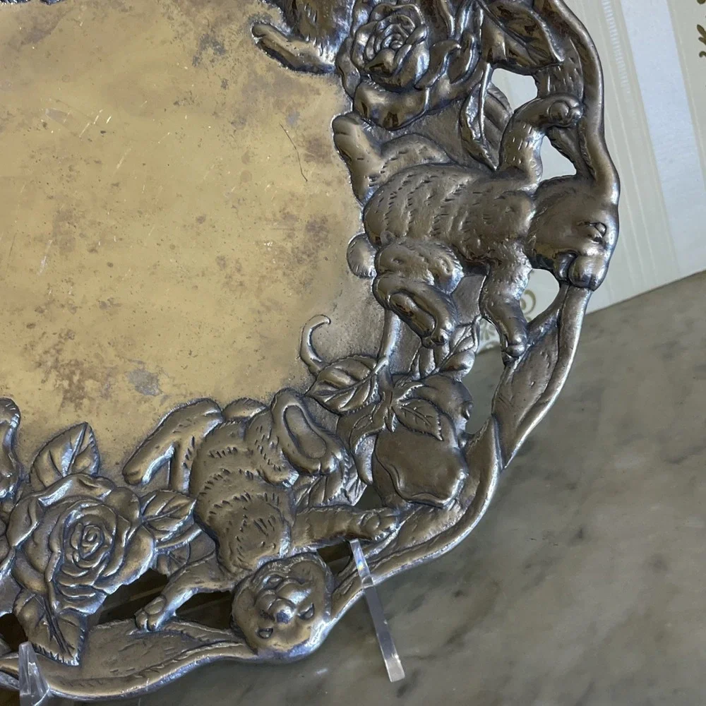 Vintage Arthur Court 1995 Metal Cast Aluminum Rabbit Rose Platter Bowl